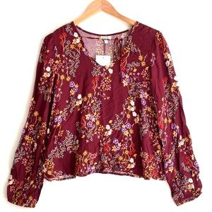 Love, fire woman’s merlot floral Long-sleeve top,‎ Size L, NWT